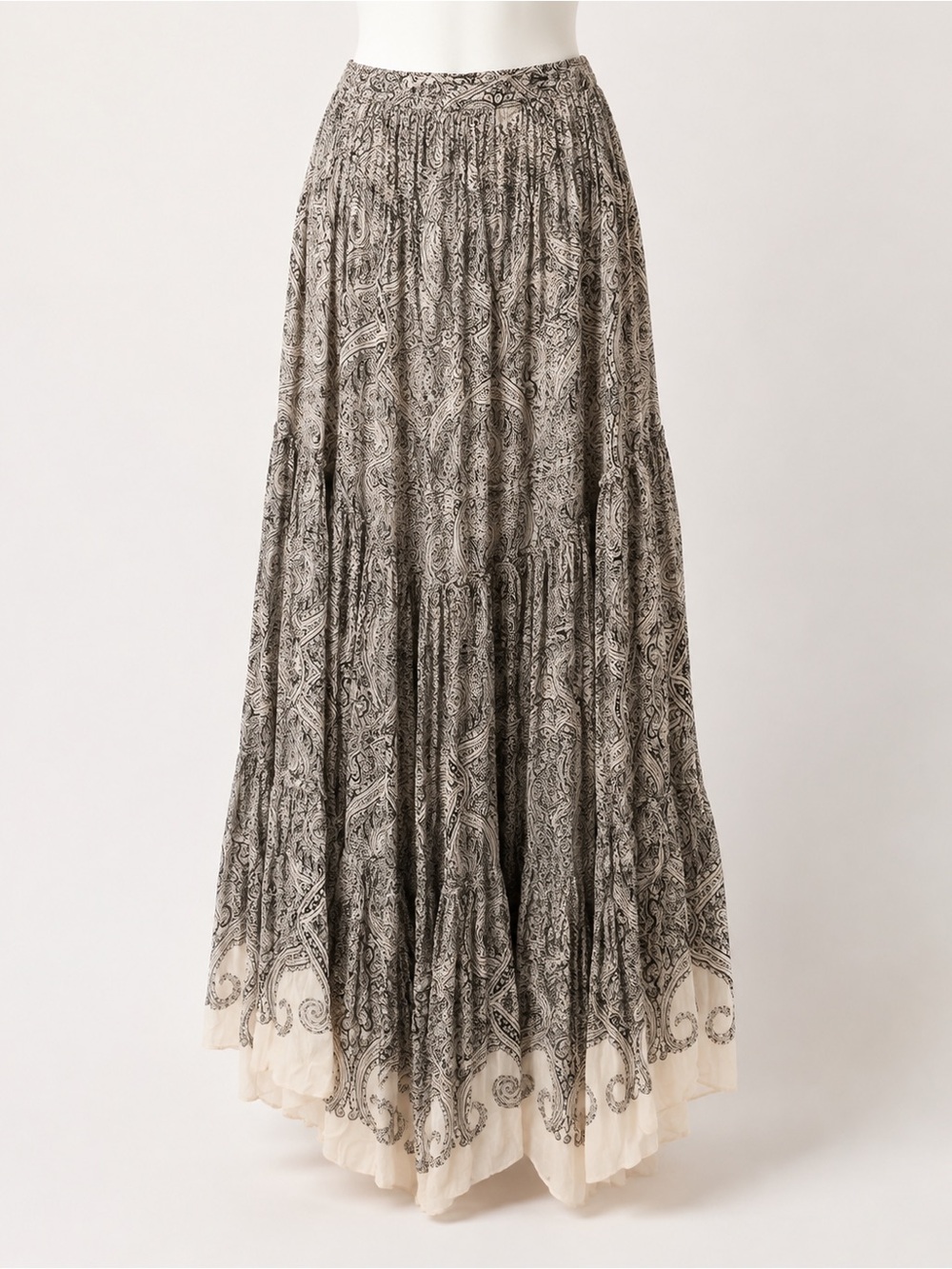 HEMANT & NANDITA Black Paisley Tiered Maxi Skirt with Cream Hem